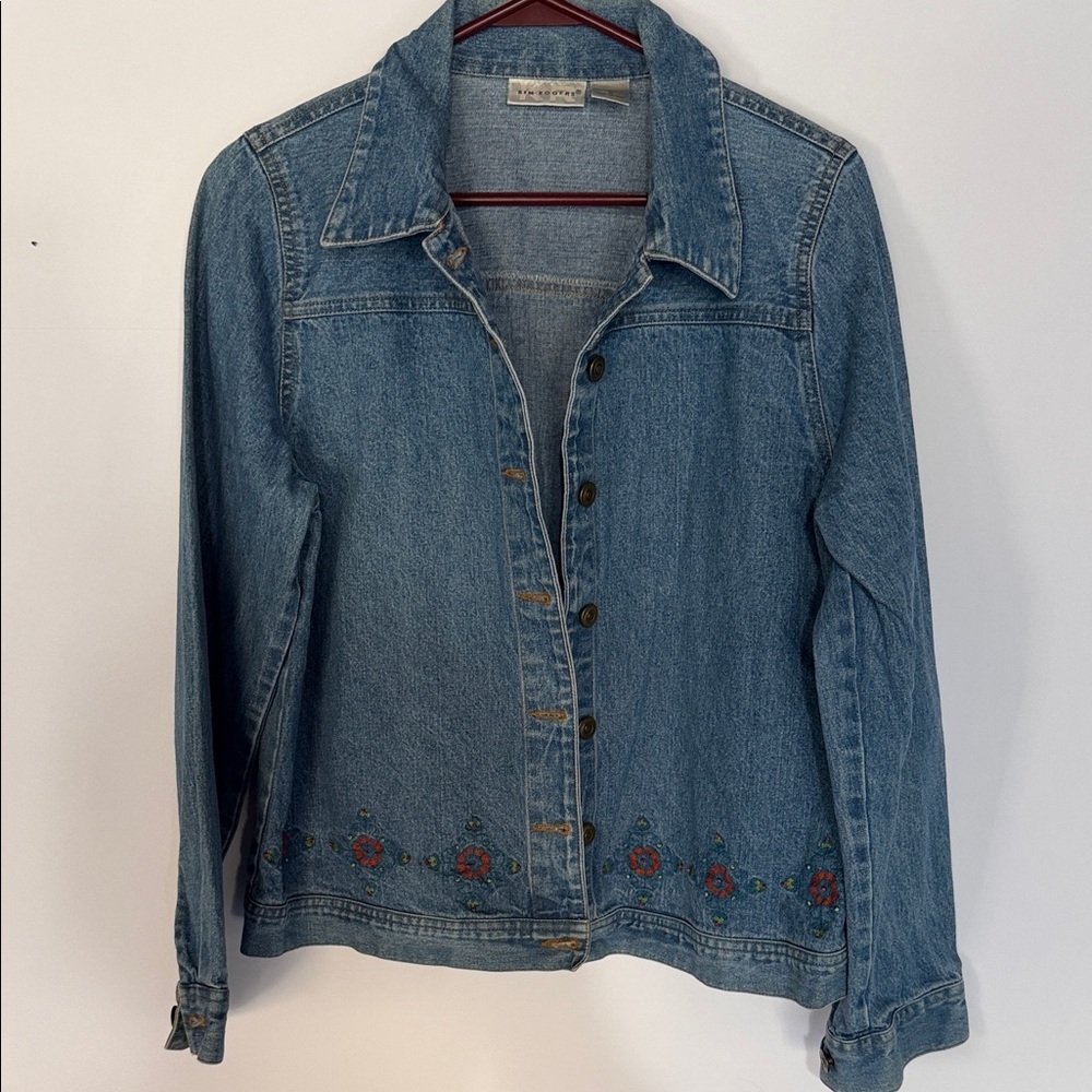 Kim Rogers Blue Denim Jacket with Embroidered Floral Trim
